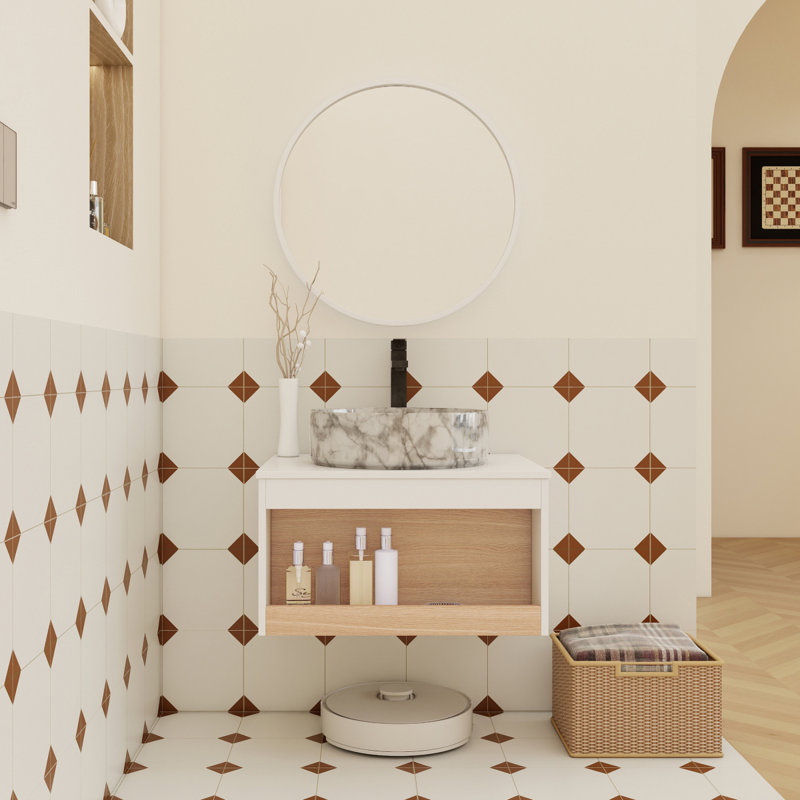 Meuble-lavabo flottant 24 po avec lavabo vasque en marbre veiné gris, meuble-lavabo mural avec tablette ouverte, finition blanche avec décor en bois, conception moderne peu encombrante (livré dans 2 boîtes)