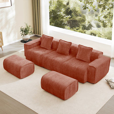 Canapé modulaire en U à 3 places avec passepoil à bordure française, sans assemblage requis, canapé 3 places avec coussins décoratifs et 2 repose-pieds mobiles, tissu de velours rouge