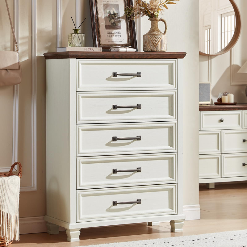 Farmhouse Chest of Drawers for Bedroom, 45” Tall Dresser for Closet, Rustic Wood Dressers for Bedroom, Hallway, Entryway (White)