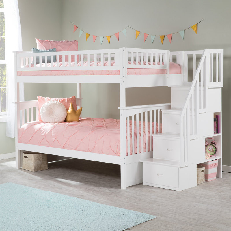 Flinn Kids Solid Wood Staircase Bunk Bed, White, Full over Full