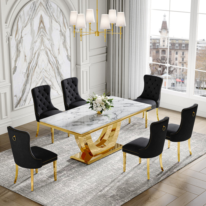 7-Piece Dining Table Set, Marble Veneer MDF Table with 6 Velvet Dining Chairs – Modern Dining Furniture for 6, Black/Gold