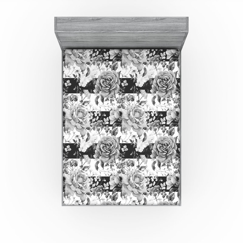 Drap-housse floral Ambesonne, Gris / motif floral blanc 2, Drap-housse de taille très grand