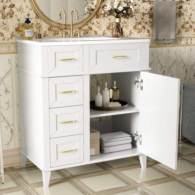 Meuble-lavabo de 30 pouces avec lavabo en céramique, tablette réglable, porte à fermeture en douceur et trois tiroirs à fermeture en douceur