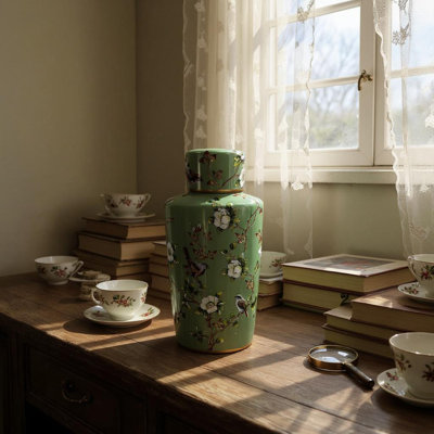 Milania Hand-Finished Porcelain Ginger Jar – Green Ceramic with Gold Rim, Tree & Bird Motif, Elegant Freestanding Décor