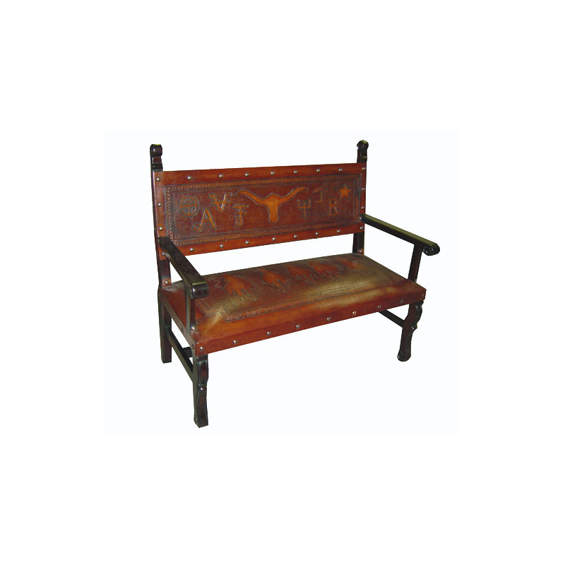 Spanish Leather Bench, 43" H x 50" W x 24" D, Rustic/ Geometric