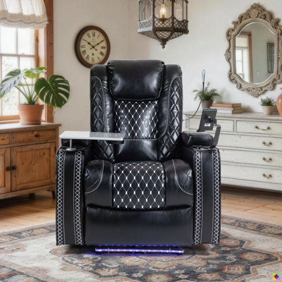 Ryun 34.25"W Faux Leather Recliner, Reading Light, USB, Arm Table & Console Box, Cup & Phone Holder