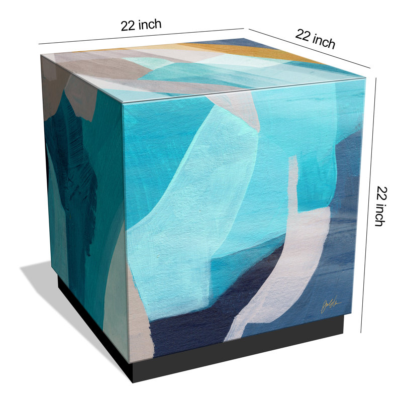 Slate and Cerulean Blue Art Glass Square Side Table with Black Plinth