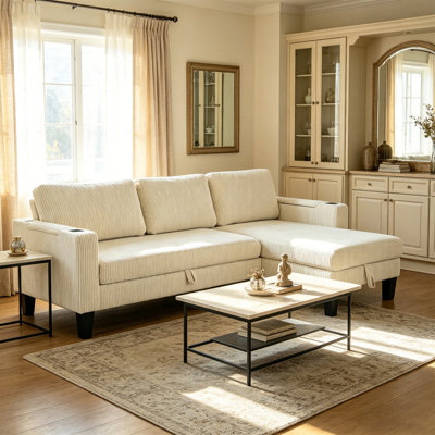 Canapé modulaire réversible avec méridienne de rangement, accoudoir avec porte-gobelet, rangement et ports USB, canapé-lit en velours côtelé moderne en tissu pour salon, chambre à coucher, appartement, bureau