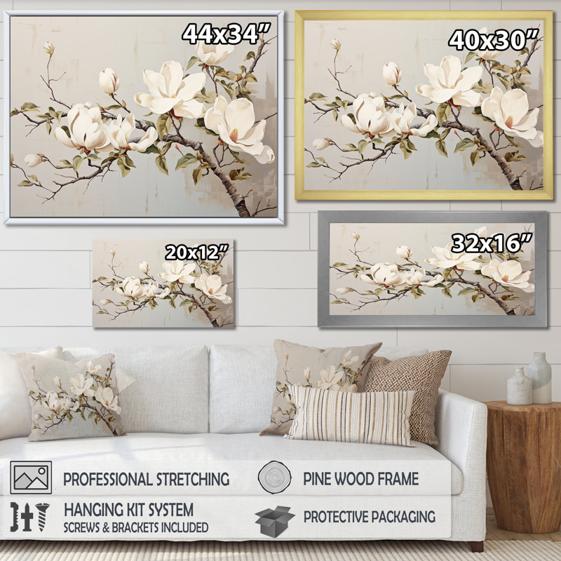 «Magnolias fleur beige II» sur toile imprimée, H 34 po x l 44 po x P 1,5 po, Toile tendue