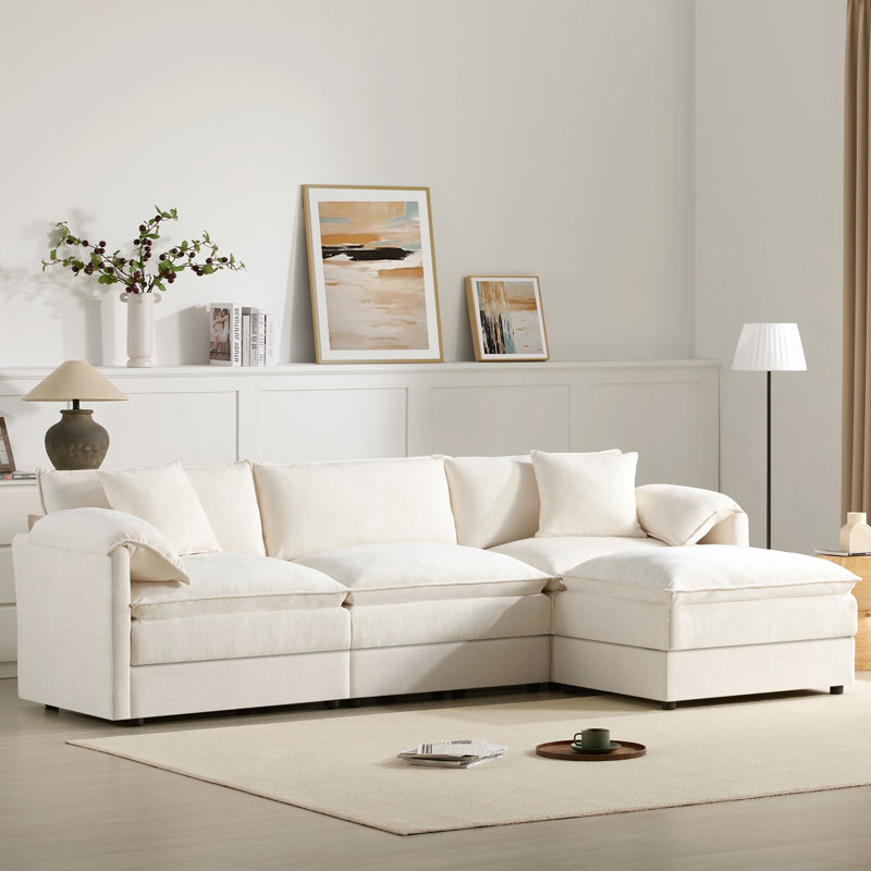 Chenille Modular Sectional Sofa, Cream Chenille, 33" H x 103.5" x 64.5" D