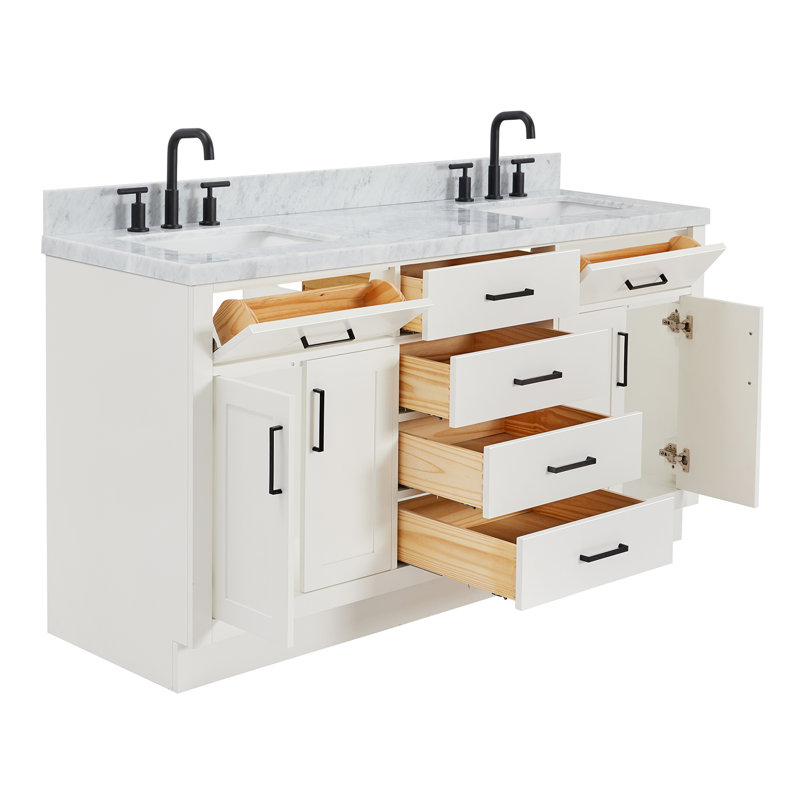 Thornaby 66'' Solid Wood Double Bathroom Vanity with 1.5'' Carrara Marble Top, Rectangular, White / Matte Black