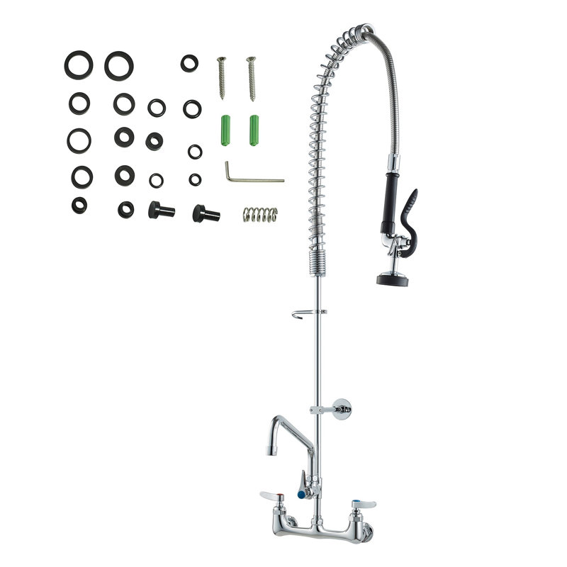 44" Commercial Wall Mount Kitchen Faucet with Pre-Rinse Sprayer - Heavy Duty Brass Sink Fixture for 3-Compartment Sinks