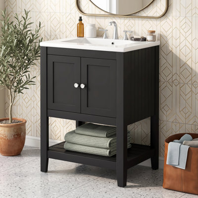 Meuble-lavabo moderne 24 po avec lavabo en céramique, structure en bois massif et tablette ouverte