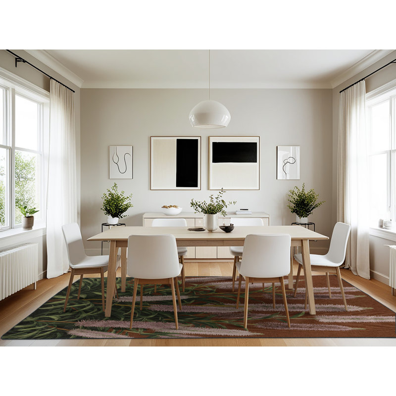Machine Washable Botanical Brown Area Rug, Rectangle 7' x 10'