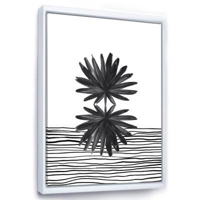 Feuille tropicale noire et blanche sur fond rayé II - peinture sur toile