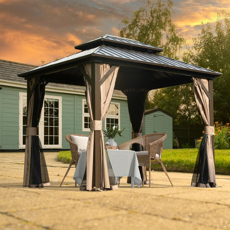 10' X 12' Hardtop Gazebo, Upgraded Metal Gazebo With Drainage System, Dual-Layer Galvanized Steel Roof, Curtain And Netting, Outdoor Shelter Canopy For Patio, Garden, And Backyard