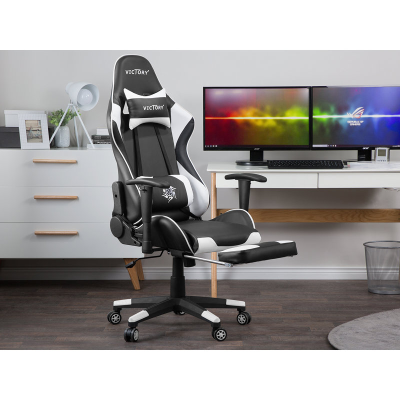 Symple Stuff Spielberg Reclining Faux Leather Swiveling PC & Racing Game Chair with Footrest, White/Black
