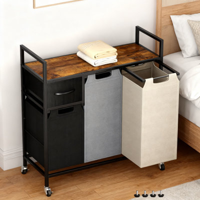3-Section Laundry Sorter With Shelf And Drawer, 135L Capacity Rolling Hamper With Removable Oxford Fabric Bags, Metal Frame Storage Organizer For Laundry Room, Bathroom, Bedroom