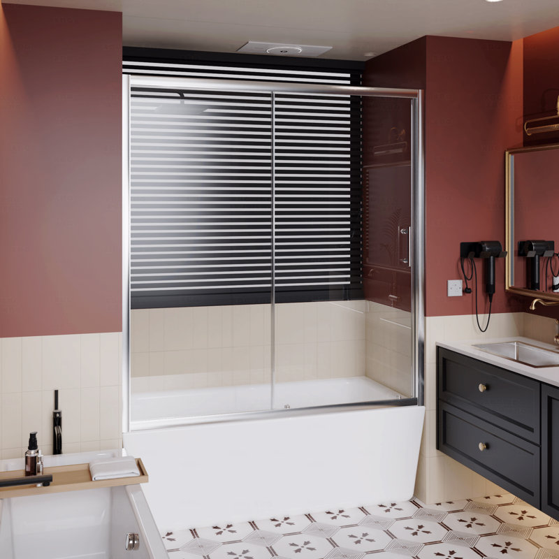 Single Sliding Opening Shower Door For Bathtub, 1/5 " Thick Clear Tempered Shower Door With Stainless Steel Handle, Chrome