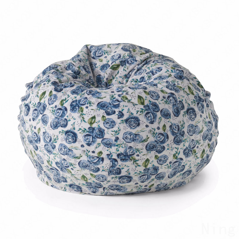 3 Foot Rounded Bean Bag, Blue Rose Print, White Tossed Botanical Fabric