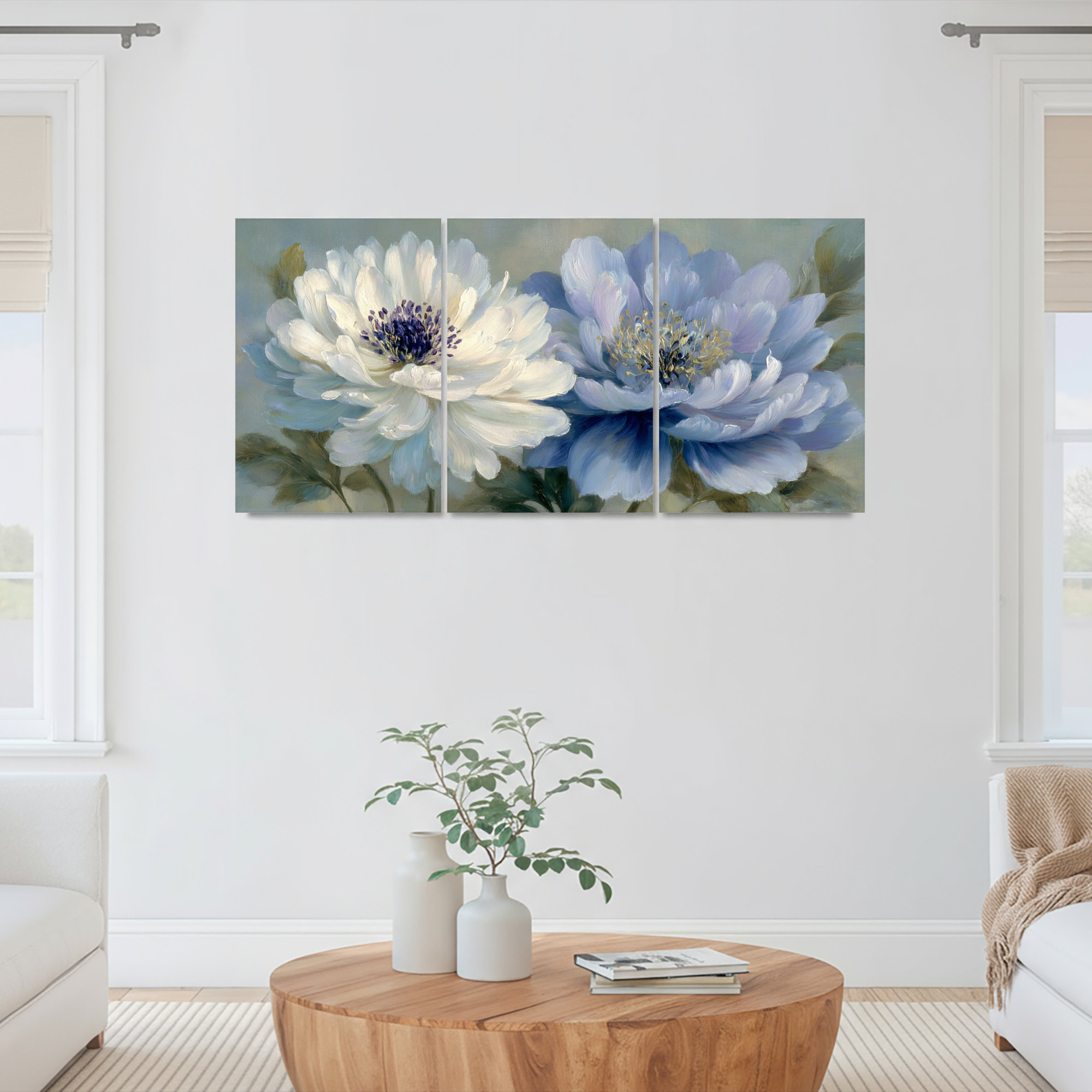 Winston Porter White and Blue Peony Floral Art Canvas Wrapped Wall Art ...