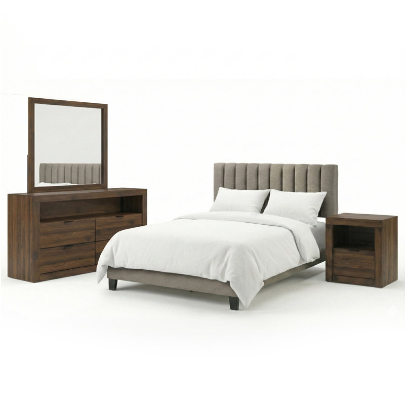 Hildebran 4-Piece Bedroom Set, 4 Pcs: Bed, Nightstand, Dresser, Mirror, Brown, King