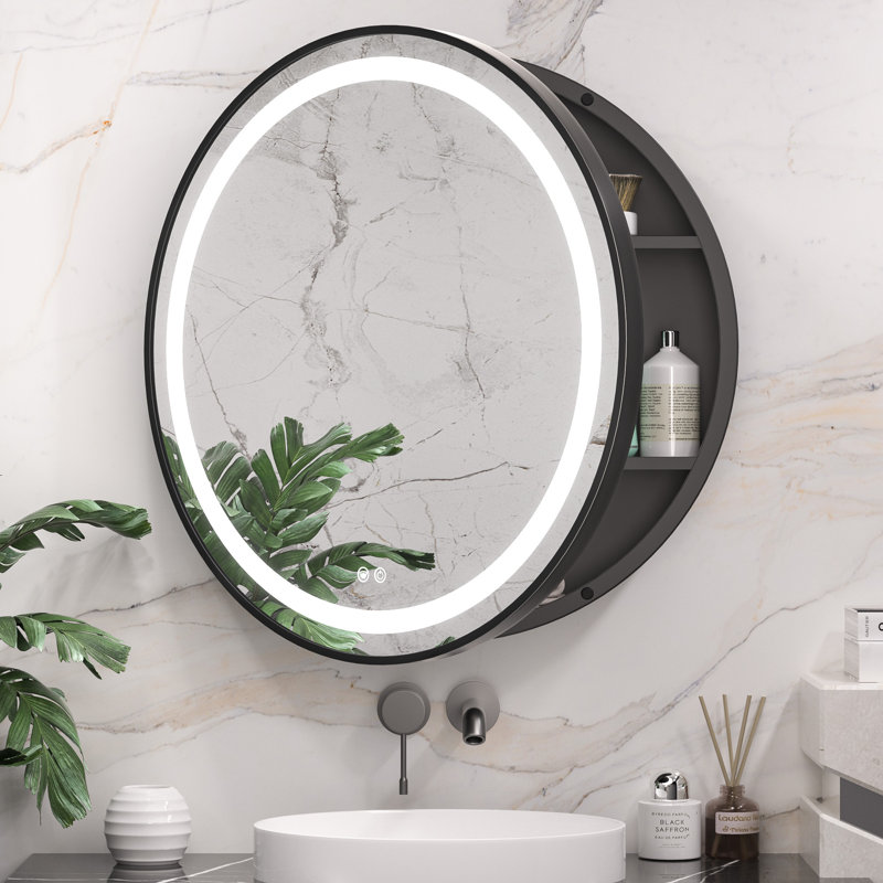 Gervon Lighted Surface Framed Round Medicine Cabinet Mirror Adjustable Shelf & AC Outlets, 30" H x 30" W x 4.7" D, Black