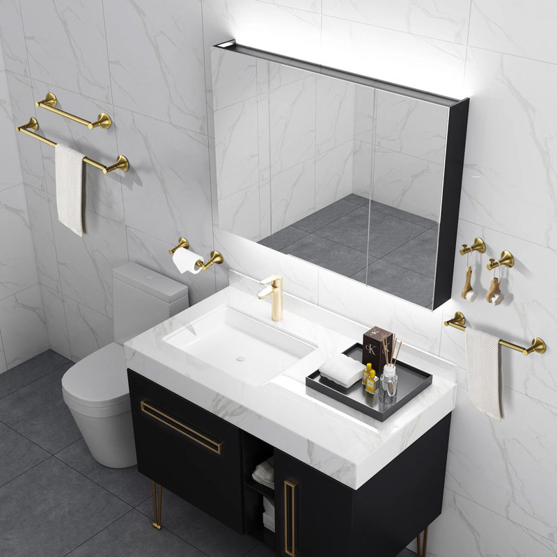 6 - Piece Bathroom Hardware Set, Brushed Gold, 3" H x 22" W x 3" D