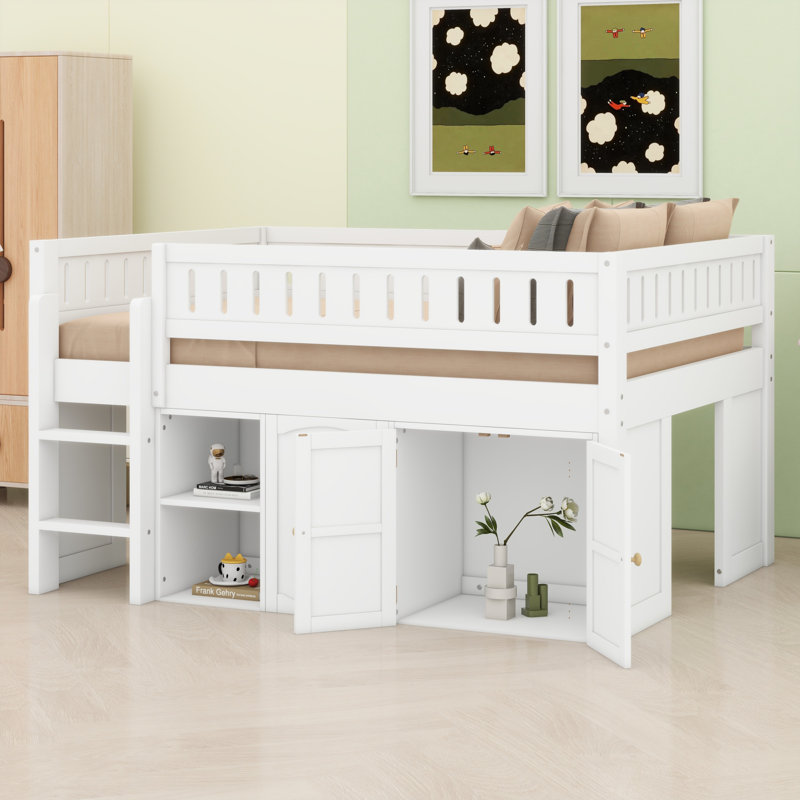 Lit mezzanine avec armoire de rangement et tableau noir, Blanc