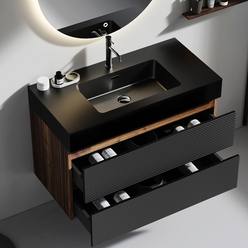 Meuble de salle de bain mural avec texture noyer et système de tiroir noir, combinaison de couleurs de meuble-lavabo moderne, rangement spacieux