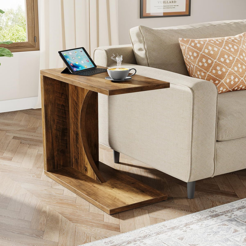 Table de bout brun rustique en forme de C 23,62 po pour canapé, table d'appoint pour petit espace, salon, table