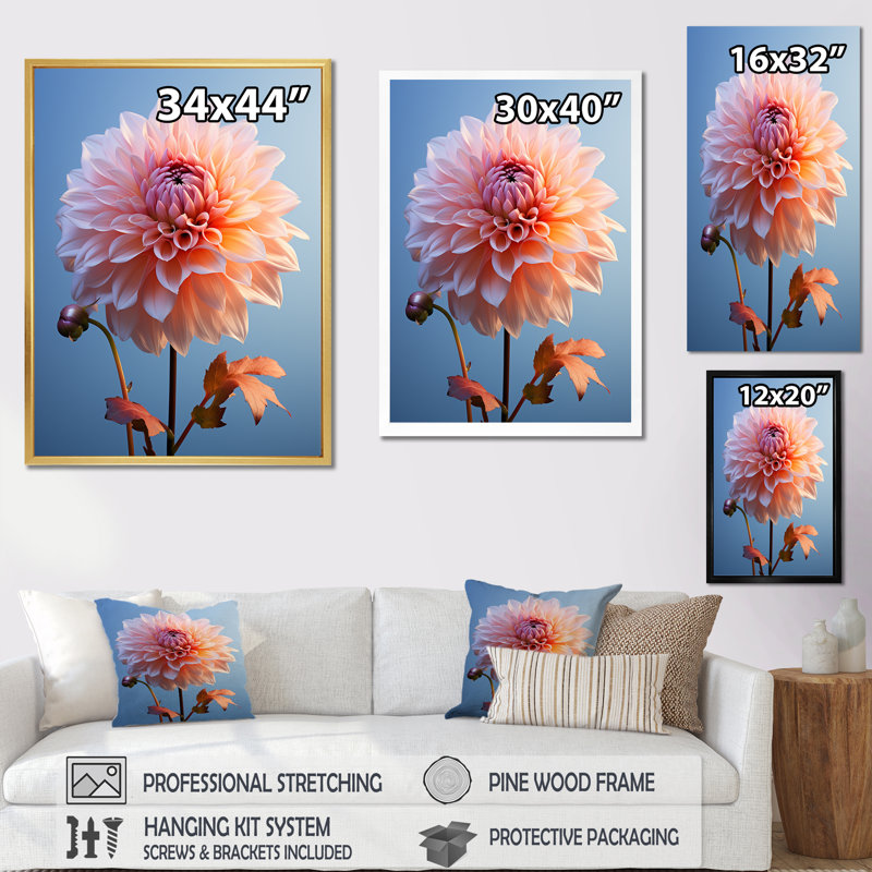 Corail et dahlia bleu dansant II - impression, Cadre flottant noir, H 20 po x l 12 po x P 1 po