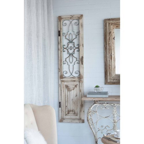Panneau mural décoratif en bois rustique blanc 66,9 po avec grille en métal