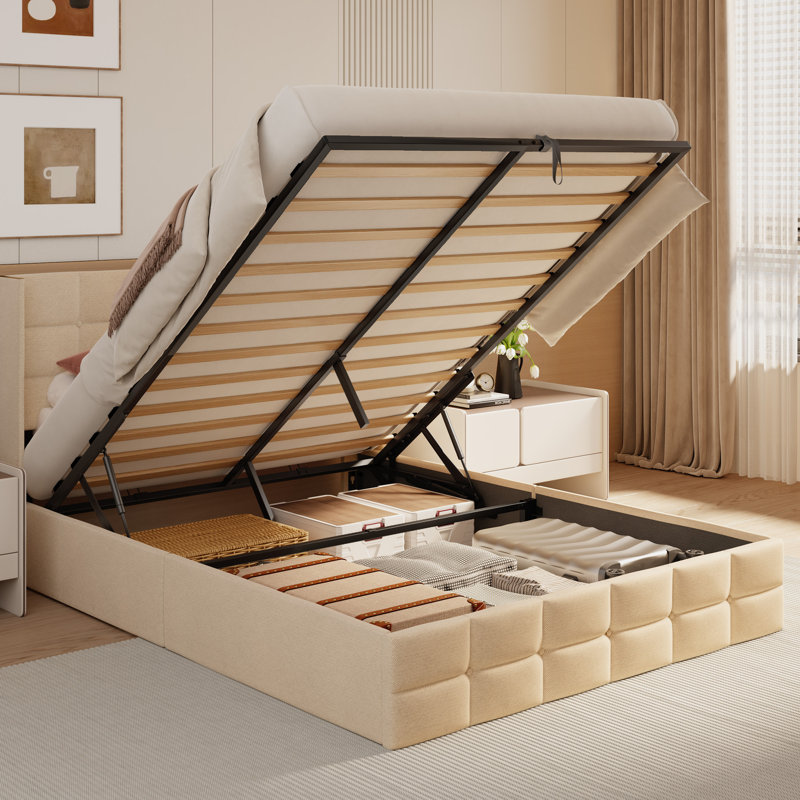 Lit plateforme avec rangement Lift Up et tête de lit Winback, Crème, crème, Très grand lit