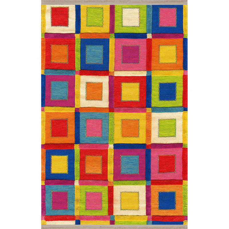 Multicolor Overlapping Square Pattern Modern Machine Washable Decorative Rug, Rectangle 3'3" x 4'11" Rug Pad Included
