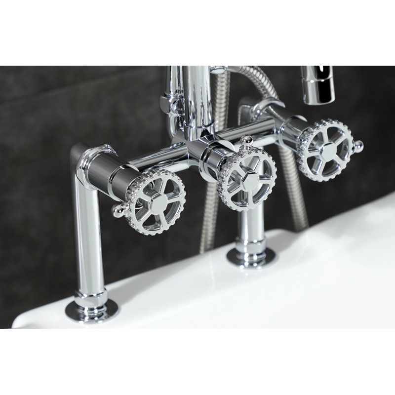 Kingston Brass Fuller Three-Handle 2-Hole Deck Mount Clawfoot Tub Faucet with Hand Shower, Silver
