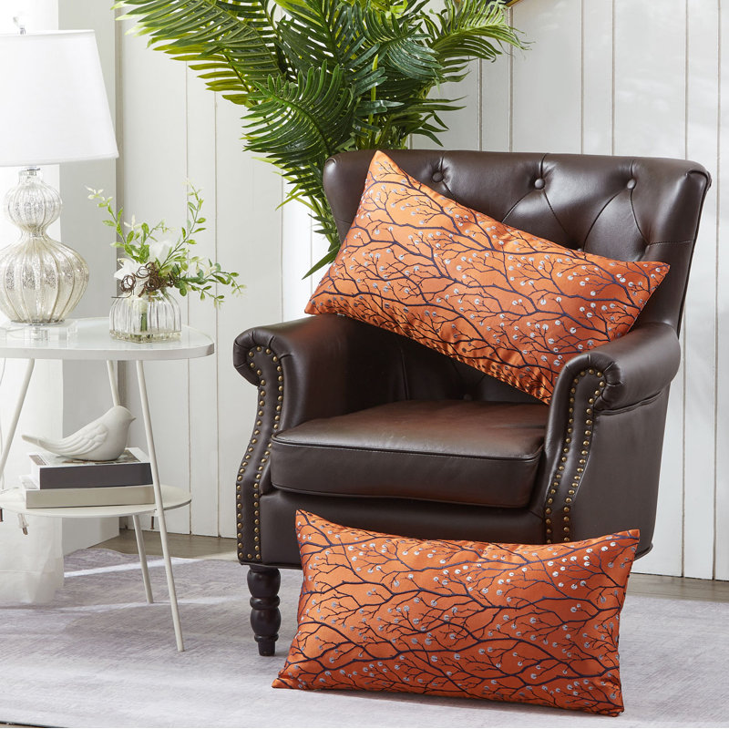 Floral Rectangular Lumbar Pillow Cover, Burnt Orange
