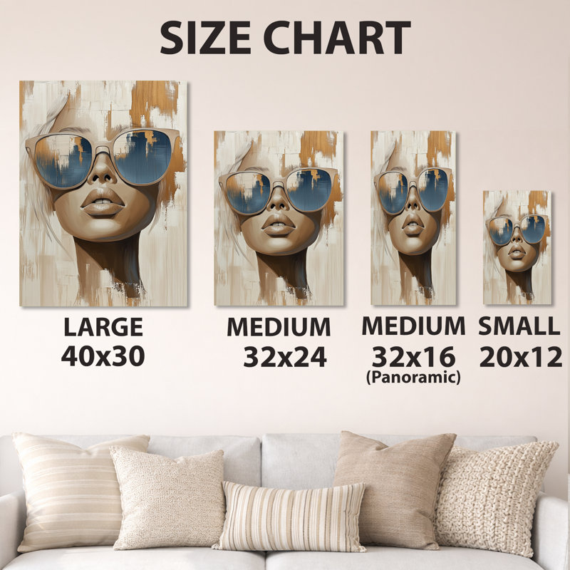 Reflets dans des lunettes de soleil bleues I - Affiche murale en métal tendance pour femme, H 32 po x l 16 po