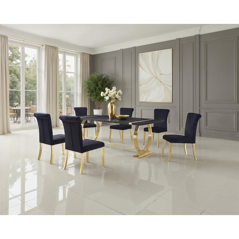 Ensemble de table de salle à manger 7 pièces Cimino, 7 pièces : table, 6 chaises, Noir et or, Doré