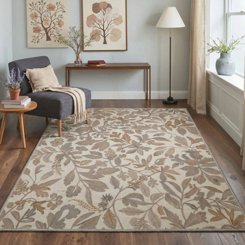 Abeyta Verdure Botanical Machine Washable Beige / Brown Indoor Area Rug with Non-Slip Backing, Round 5'