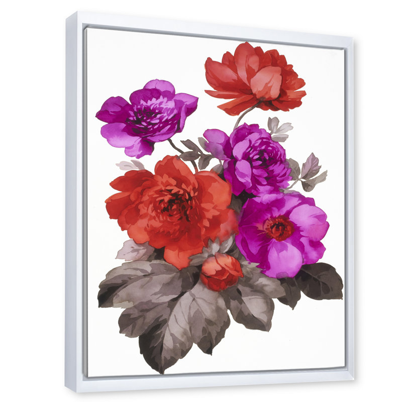 Fleurs rouges et fuchsia - Peinture sur toile, H 32 po x l 16 po x P 1 po, Cadre flottant blanc