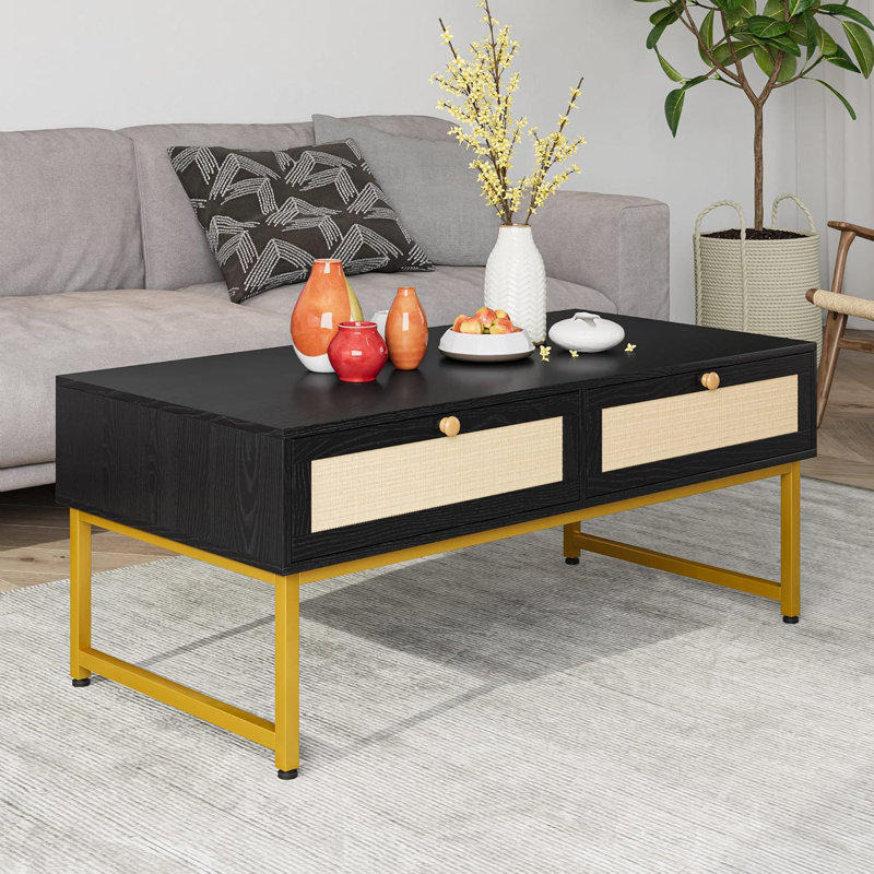 Table basse multifonctionnelle en rotin, Noir, noir, noir, noir, Doré