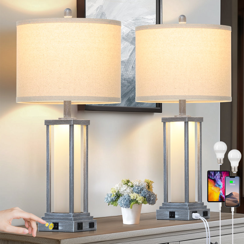 27” Tall Vintage USB Table Lamp Set with Nightlight, Bulb Included, Distressed Gray