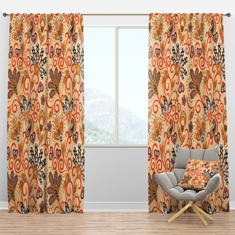 Panneau de rideau simple semi-diaphane avec passe-tringle Mid-Century Indian Batik III, l 52 po x L 63 po