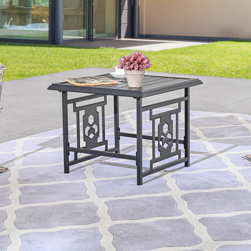 Outdoor Patio Table With Umbrella Hole Metal Steel 22.8'' Square Side Table Bistro Furniture Garden Table For Porch Balcony Yard