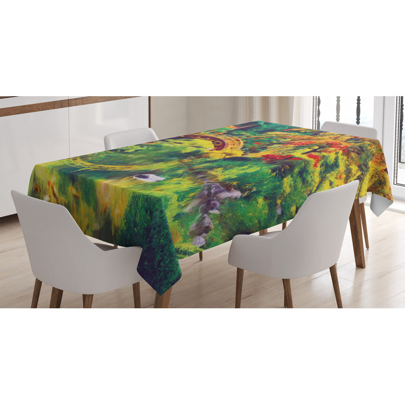 Country Tablecloth, Fairy Image Of A Japanese Garden With An Old Bridge The Lake Nature Print, Rectangular Table Cover For Dining Room Kitchen Decor, 52" X 70", Green Orange