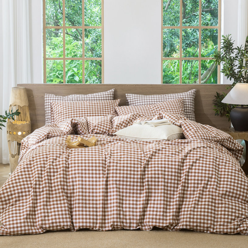MooMee Gingham Duvet Cover Set 100% Washed Cotton Linen Like Lightweight, Dark Orange