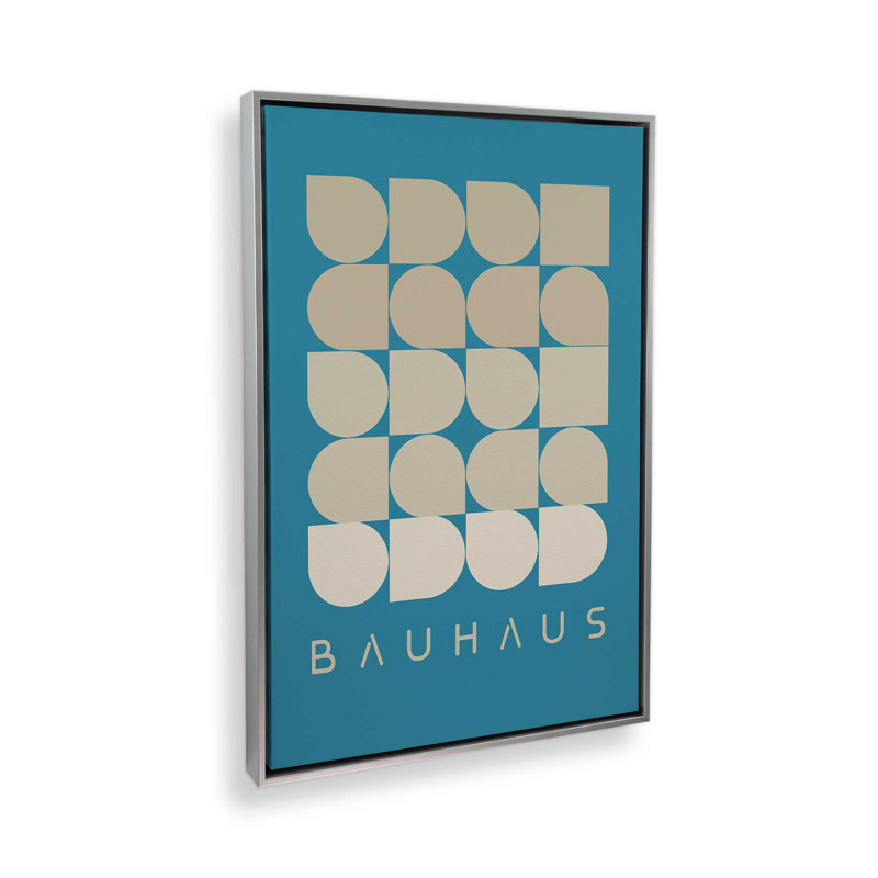 Teal and Cream Bauhaus Geometry, 12.75" H x 8.75" W x 1.75" D, Polished Chrome Floater Framed