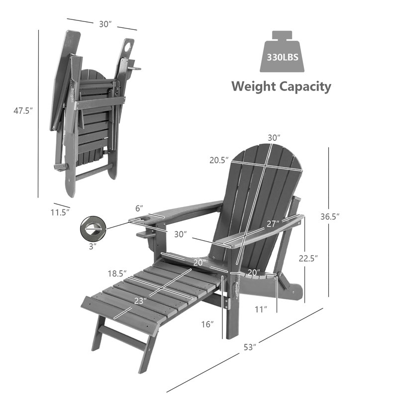 Chaise Adirondack pliante Rosecliff Heights Hdpe, gris