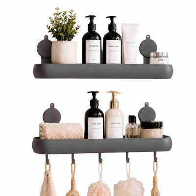 Shower Caddy Suction Cup, Removable Shower Organizer Shelf, Large Capacity, Rustproof Aluminum, 2 Install Ways, Wall-Mounted Bath Organizer Storage Shelves, Includes Hooks&Hanging Bar, 2 Pack, (Dark Gray)